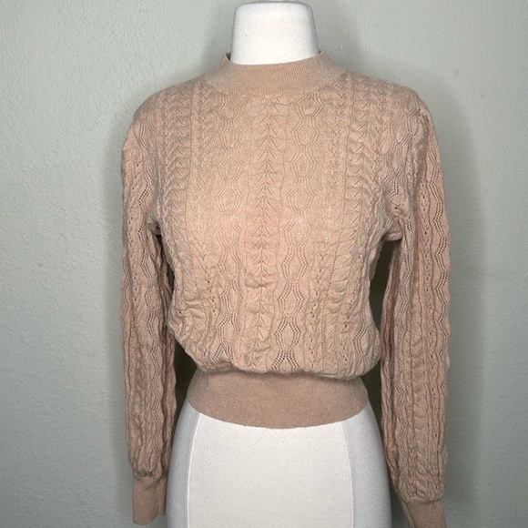 Demylee x J. Crew Limited Edition Pointelle Puff Sleeve Wool Sweater Camel MED - Picture 8 of 14